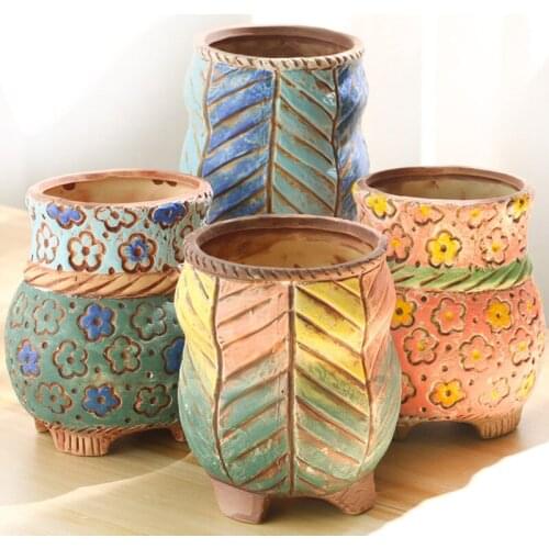 New Korean Literary Color Contrast Ceramic Flowerpot Lovely Hand Painted Green Plants Potted Home Balcony Creative Gardening