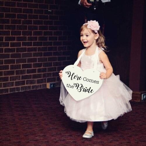 Wooden Heart Here Comes the Bride with And they lived Happily Ever After Wedding Flower Girl Sign, Ring Bearer Sign , Crisp
