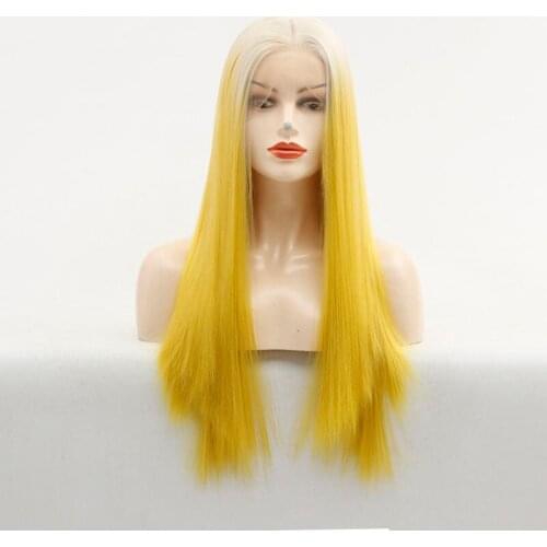 Ombre 613# White Blonde To Yellow Lace Front Wig Long Sikly Straight Soft Fiber Hair Heat Resistant Cosplay Party Wig For Women
