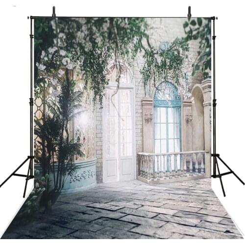 Photography Background 200x300cm Green Tree Backdrop with Elegant Building Backdrop for Photo Studio Props Brick Floor Camera