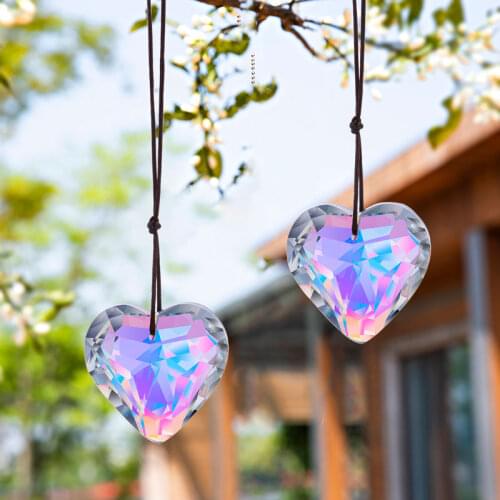 H&D 2pcs 50mm Crystal Aurora Borealis Heart Prism SunCatcher Rainbow Maker Window Hanging Ornaments Car Rear View Mirror Pendant