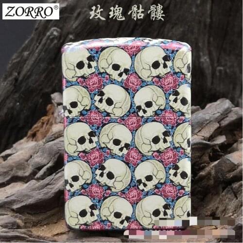 Zorro Pure Copper Painted Flip Cover Windproof Grinding Wheel Booth Creative Personality "Rose Skull" Kerosene Lighter