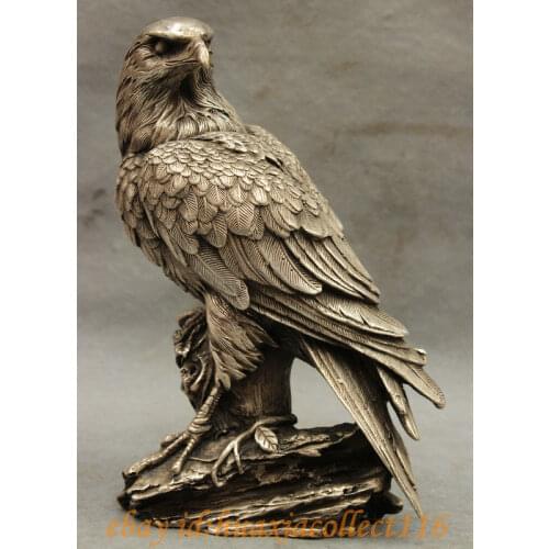 9" Chinese Fengshui Silver Carving Hawk Eagle King Birds Animal Statue Sculpture Medicine copper Decoration real Brass
