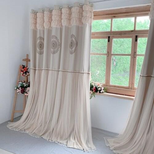 Korean Window Curtains with Pleated Double Bottom Blackout Drapes Lace Pattern Beige Royal Style Curtain for Living Room Luxury