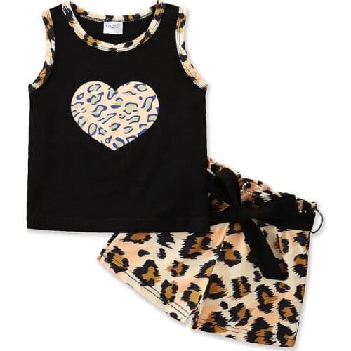 Summer Girl Set Heart Print Vest + Leopard Print Shorts 2pcs Casual Kids Suits Clothes