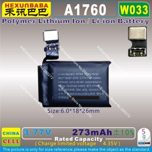 [W033] 3.77V 273mAh / 1.03Wh [A1760] Li-ion polymer battery for APPLE - I - WATCH 2 (38) SMART WATCH 1ICP6/18/26