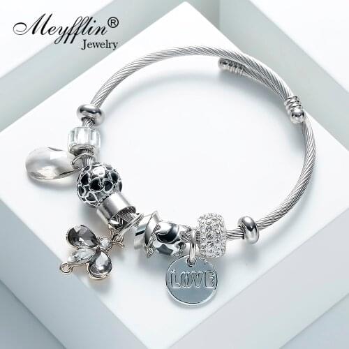Meyfflin Fashion Beaded Bracelet Bijoux Vintage Love Crystal Cuff Bracelets Bangles With Butterfly Silver Color Jewelry 2021
