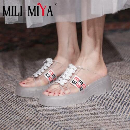 MILI-MIYA 2021 New Beach Slippers Female Lace Up Women Shoes Transparent Clear PVC Flat Platform Sandals Summer Casual Shoes