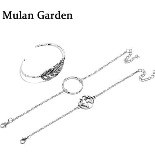 Multilayer Boho Vintage Bracelet Simple Silver color Leaf Map Alloy Round Ethnic Charm Bracelets Bangles Set Party Jewelry 2019