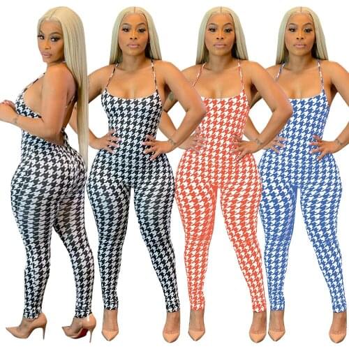 Fashion Houndstooth Print Overalls for Women Sexy Sling Backless Bandage Pencil Pants Bodycon Club Party Jumpsuit Women Romper