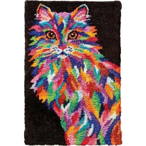 Latch Hook Rug Kit for Adults Colorful Cat Pattern Printed Canvas DIY Rug Crochet Yarn Kits, Embroidery Decoration Gift for Kids
