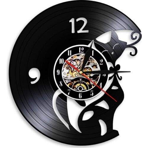 Modern Design Wall Art Decorative Wall Clock Cat Kitty Animal Vintage Vinyl Record Time Clocks Gift For Cat Pet Lover