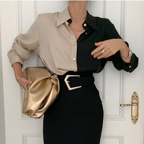 Neutral Minimalism Women Shirts Blouses 2021 Spring Summer Korean Oversized Patchwork Vintage Long Sleeve Elegant Blouse Cotton