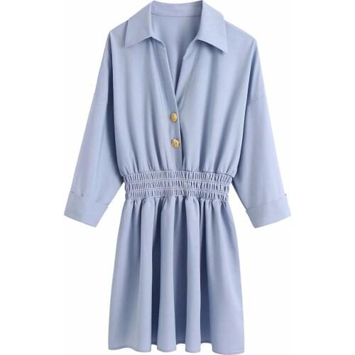 New Women Vogue Waist Elastic Solid Mini Dress V-Neck Half Sleeve Vintage Female Dresses Woman Robe