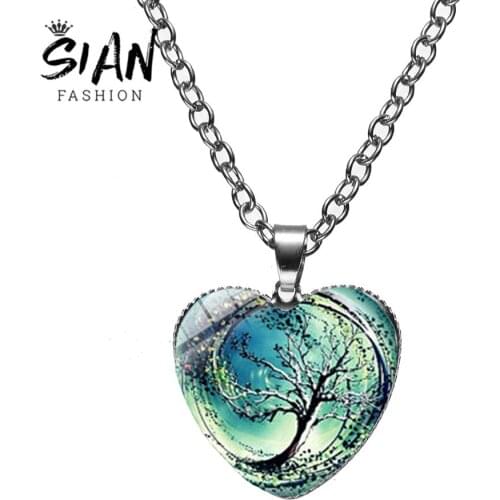 SIAN New Divergent Tree Heart Necklace Tree of Life Glass Cabochon Colorful Plant Pendant High Quality Women Lady Party Jewelry