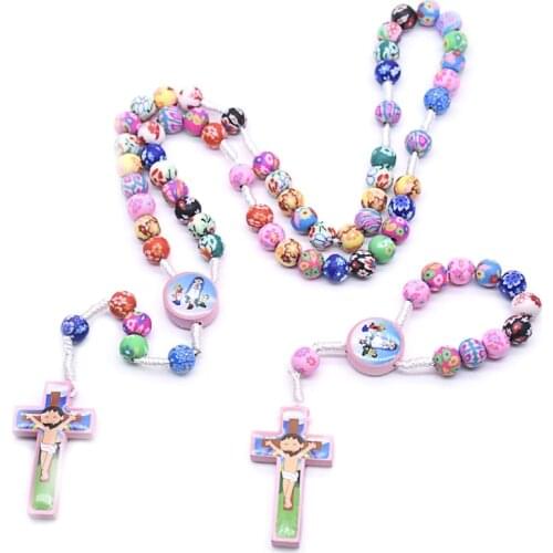 Rosary Necklace Catholic Rose Polymer Clay Beads Religion Long Chain Children
