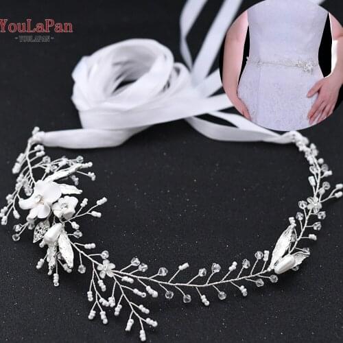 TOPQUEEN SH344 Bridal Sash for Wedding Gown Beaded Belt Silver Wedding Sash Bridal Belts Wedding Belt for Bride Dress with Pearl