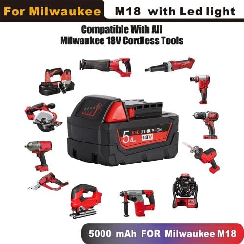 Sale 5000mAh 18V Rechargeable Cordless Tools Replacement Battery for Milwaukee M18 48-11-1815 48-11-1850 2646-20 2642-21CT