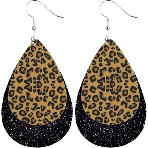 Leopard Printed Layered Glitter Earrings Faux Leather Teardrop Earring Double Side Print Bulk Order Wholesale