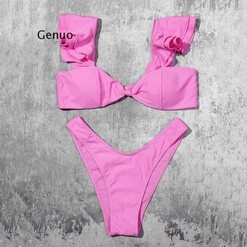 Sexy Bikinis Solid Push Up Bikini 2021 Newest Padded Bra Ruffles Tie Low Waist Swimsuit Female Swimwear Women Biquini