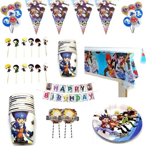 Happy Birthday Party Beyblade Burst Plates Cups Cake Toppers Flags Latex Balloon Tablecloth Hanging Banner Tableware 87pcs/lot