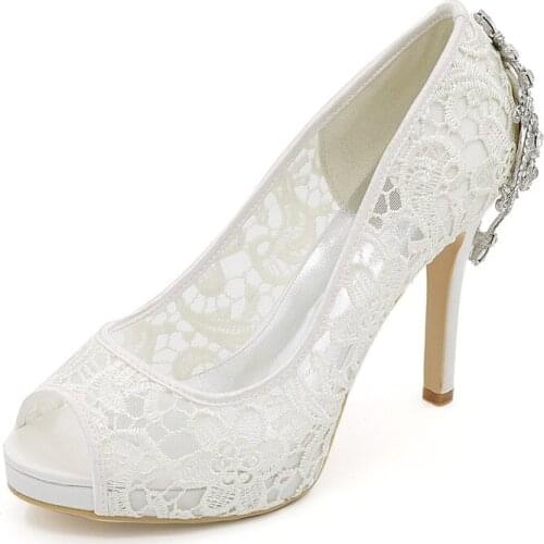 High Heels Platform Lace Wedding Shoes for Bride Peep Toe Slip-on Crystals Evening Formal Party Dress Pumps Lady