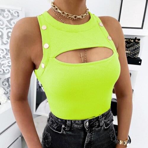 Sexy Women Chest Hollow Buttoned Top Blouse Slim Sleeveless Round Neck Vest Sexy Crop Top Women Casual