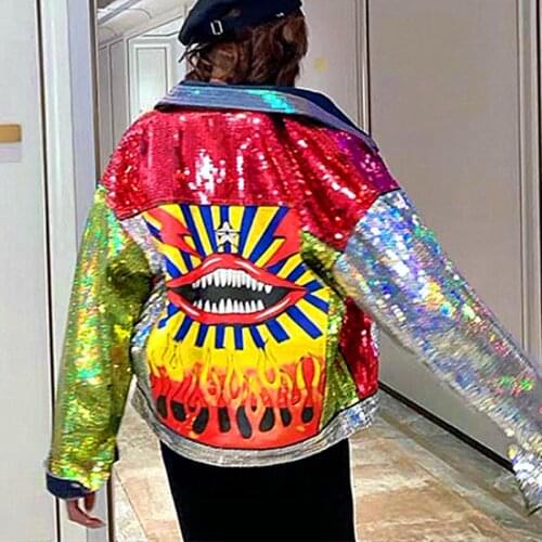 Streetwear Hip Hop Denim Jacket Women Coat Vogue Sparkle Luxury Sequins Graffiti Patchwork Autumn Winter Women Jeans Wear SL179