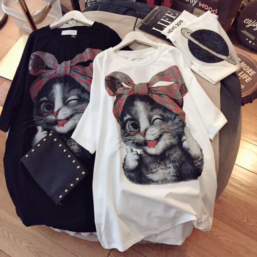 Spring Summer Long T-shirts for Women Tops and Tees Cute Cat Tops