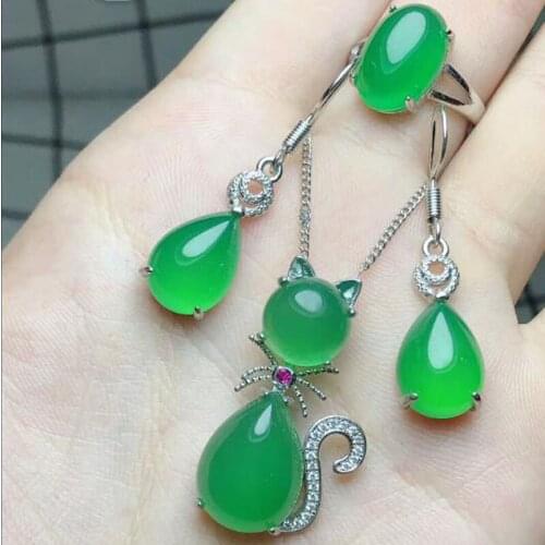 Boutique Jewelry 925 Silver Encrusted Green Chalcedony Cat Shape Drop Earrings Ring Sets Women Party Gift Free Chain