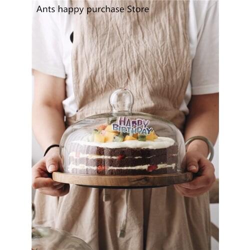 Western Rotate Cake Tray Transparent Glass Cover Bamboo Wood Tray Home Cake Pan Fruit Dessert Tray Storage Tray with Cover