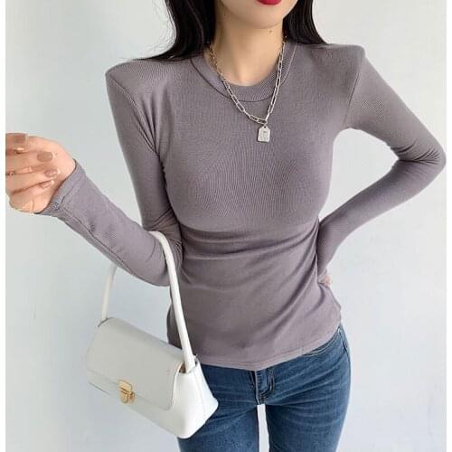 High Street Fashion Shoulder Pad Women Tee Shirt Basic Solid Cotton Slim Fit T-shirt Ladies Autumn Winter Casual Tops