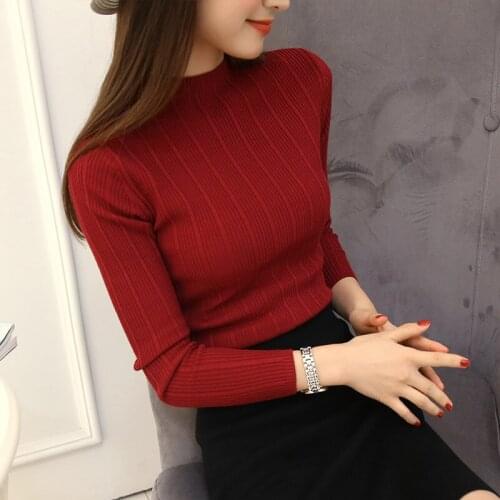 Women Half Turtleneck Solid Kintwear Korea Spring Autumn New Fashion High Elastic Slim Sweaters Long Sleeve Ladies Pullover Tops
