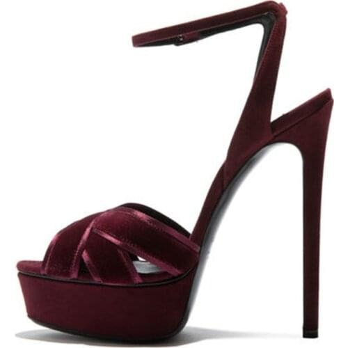 Women Sandals Heels Stiletto Heel Platform Flora Velvet Ankle Strap Heels Sandalia Pumps Summer Shoes Ladies Woman