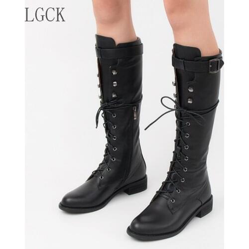 Plus Size 34-43 Fashion Winter Buckle Zip Lacing Knee High Boots Women Fashion Punk Style Woman Patent Leather Riding Long Boots