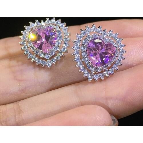 Modyle Love Stud Earrings for Women Pink Color Cubic Zirconia Brilliant Princess Cute Gift Statement Silver Color Heart Earrings