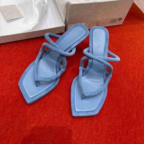 2021 Summer Women Slippers High Heels Solid Square Toe Flip Flop Outside Genuine Leather High Quality Party Shoes