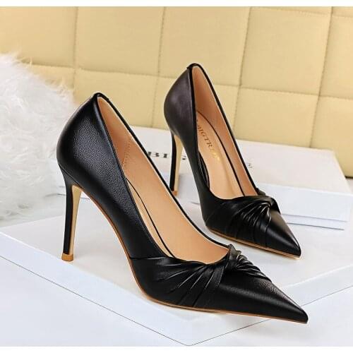 Womans Wedding Shoes Bow Solid Female Pumps Pointed Toe 9.5cm High Heels Ladies Party Spring/Autumn Plus Size Office Women Shoes