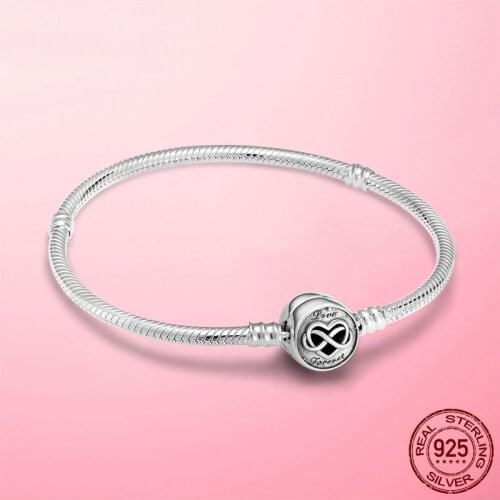 Female Bracelet 925 Sterling Silver Moments Heart Infinity Clasp Snake Chain Bracelet for Women Fine Silver Jewelry Making Gift