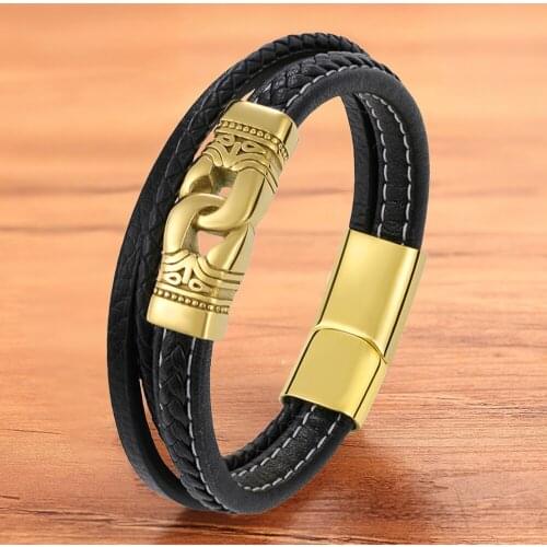 Gold Fashion Charm Black Leather Bracelet Men Braided Rope Rock Punk Wholesale Accessories Bangles Jewelry Magnetic
