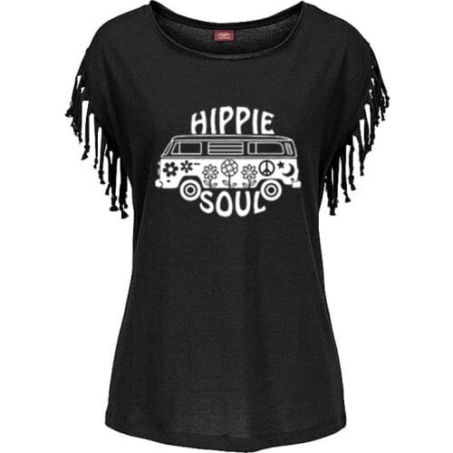 2021 Elimiiya Hippie soul New Women Oversized Print Cotton Tassel Short Sleeve O-neck t shirt