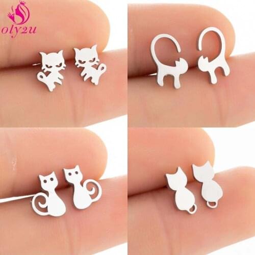 Anime Cartoon Cute Cat Earrings Fashion Mini Silver Color Stainless Steel Cat Earrings Female Simple Jewelry Accessories Gift