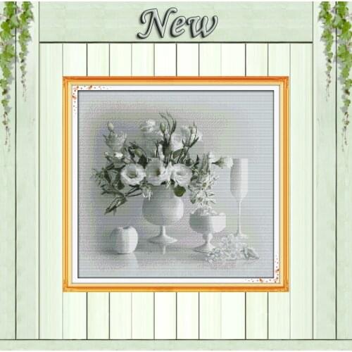White vase flowers paintings 11CT patterns printed on canvas 14CT needlework diy dmc cross chinese stitch Sets Embroidery kits