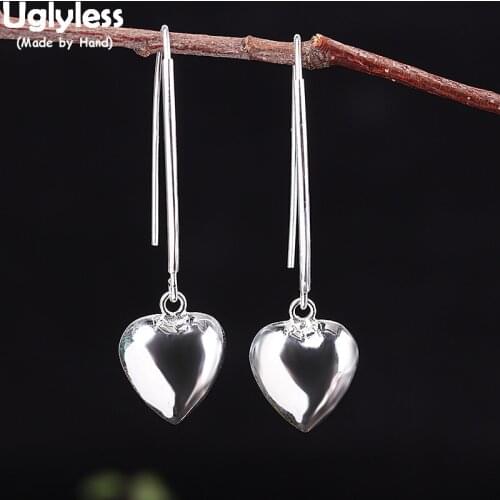 Uglyless Glossy Heart-shape Silver Dangle Earring for Women Sweet LOVE Gift Fashion Jewelry Real 925 Silver Heart Brincos Bijoux