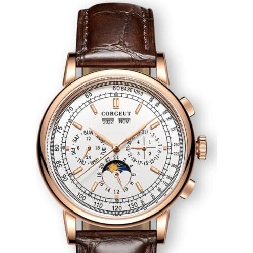 Moon Phase Watch Men Day Month Year Week Display Automatic Mechanical Watches Waterproof Stainless Steel Leather Strap Man Clock