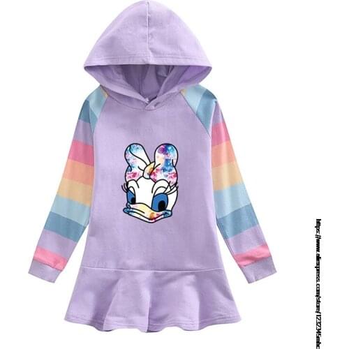 Disney Brand Kids Girls Hooded Dress Daisy Duck Pullover Elegant Dress Striped Ruffle Sweet Hooded Children Clothing