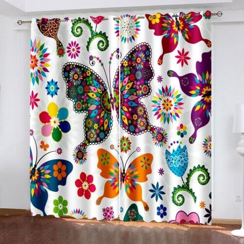 Home Blackout Decorative Curtain Living Room Bedroom Black Silk Cloth Grommet Top Curtains Color Butterfly Pattern Print