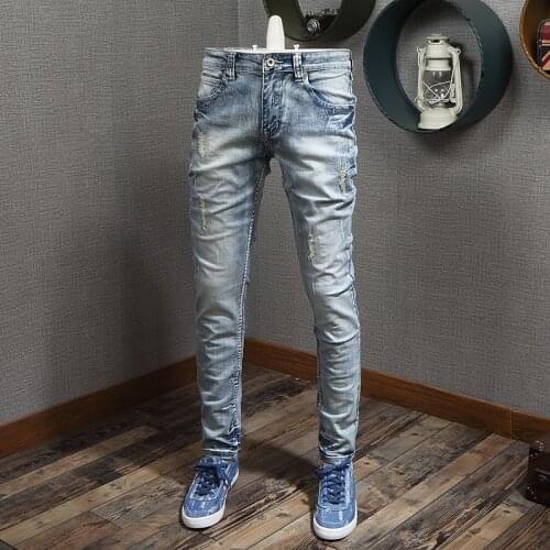 Italian Style Fashion Men Jeans Light Blue Destroyed Patchwork Ripped Jeans Men Elastic Denim Pants Slim Fit Hip Hop Jeans Homme