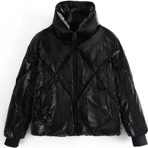 Fashion Bright Cotton Jacket All-Match Stand Collar Short Jacket Solid Color Warmth Thick Winter New Style
