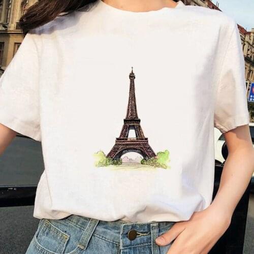 Cartoon Paris Eiffel Tower T Shirt Women White O-Neck T Shirt Women Flowers Butterfly Summer T-shirt Vintage TShirt